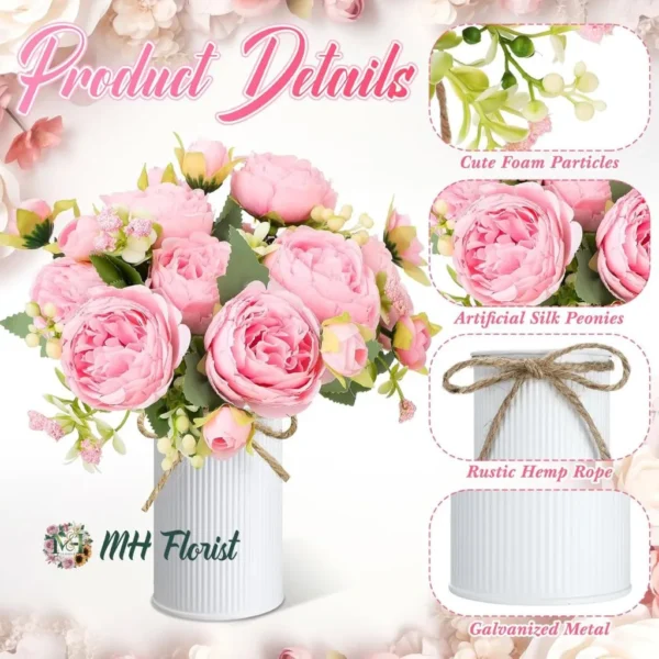 3 Sets Artificial Pink Peonies with Galvanized Metal Pots